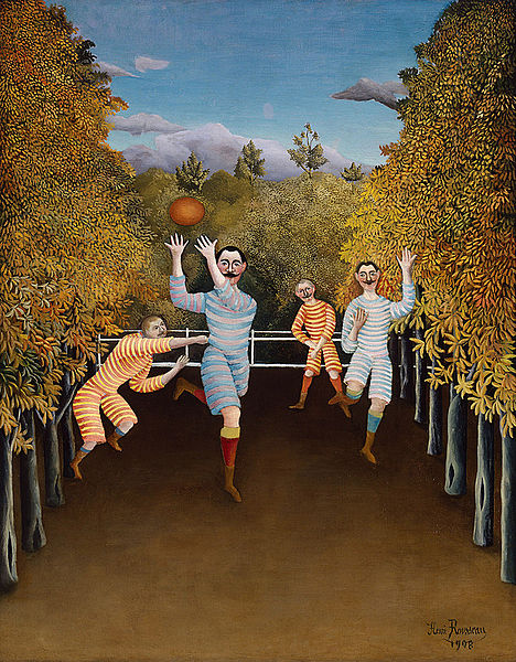 [title: The Football Players artist: Henri Rousseau date: 1908 medium: oil on canvas dimensions: size cm 100.5 80.3 current location: Institution:Solomon R. Guggenheim Museum source: Henri Rousseau credit: Henri Rousseau wikidata: Q19882986 license:Public domain]